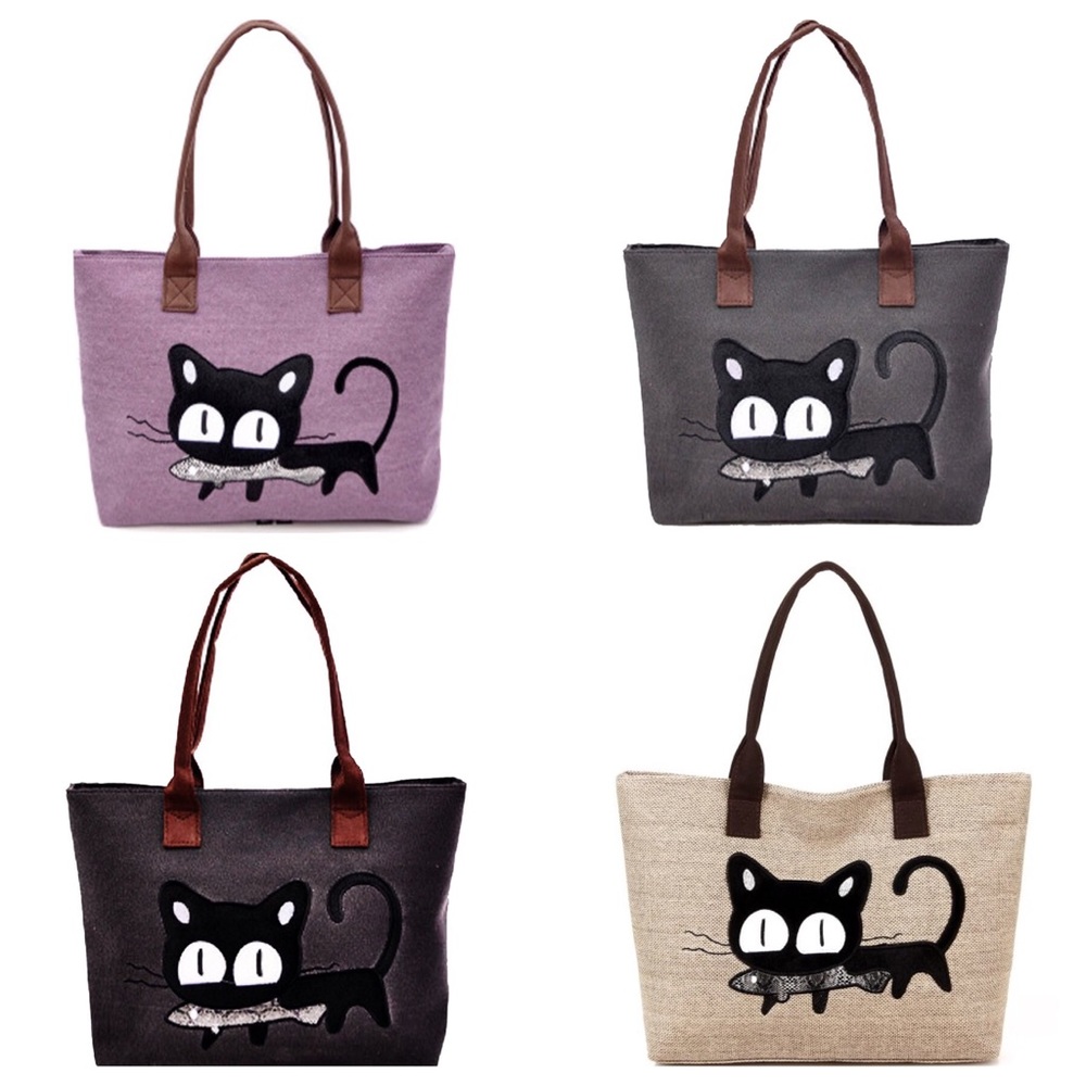 Cat with Fish Canvas Tote Handbag Purse - Picture 1 of 8
